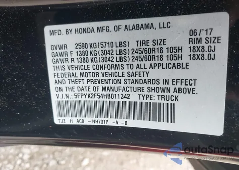 2017 Honda Ridgeline Rtl из США, поврежденный, VIN 5FPYK2F54HB011342